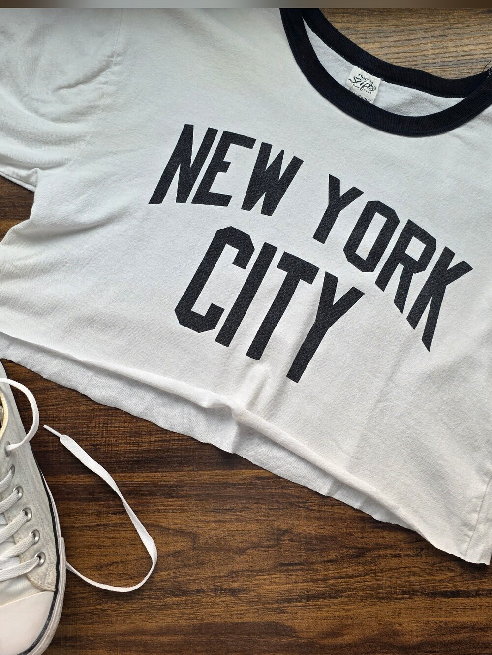 Cropped Vintage 90s New York White Ringer Tee with Black Trim Boyfriend Tee